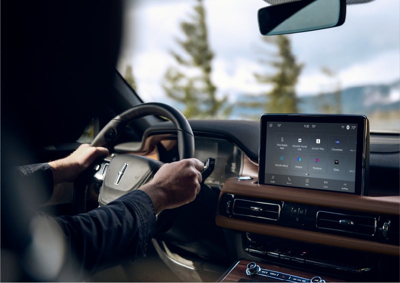 The Lincoln+Alexa app screen is displayed in the center screen of a 2023 Lincoln Aviator® Grand Touring SUV | Irwin Lincoln in Freehold NJ