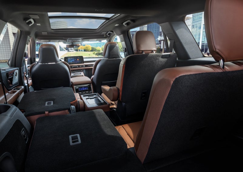The interior of the 2025 Lincoln Aviator® SUV is shown with two seats folded down for added space. | Irwin Lincoln in Freehold NJ