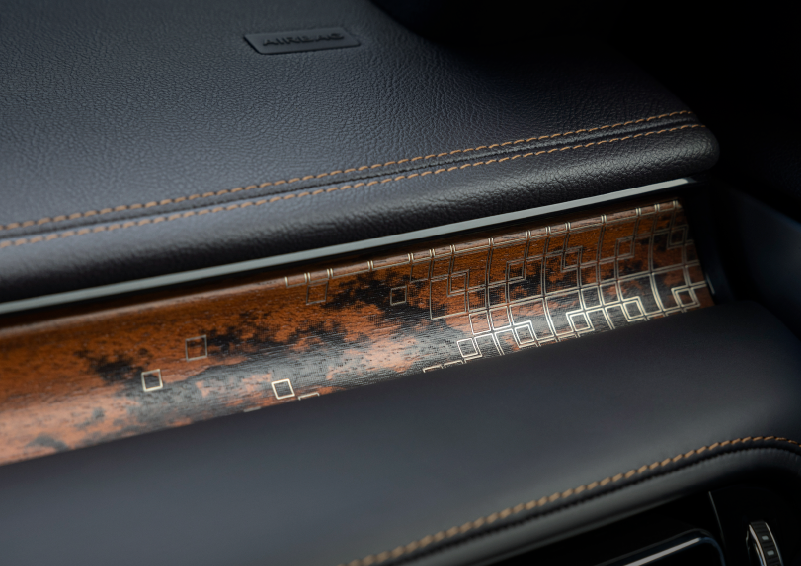 A close-up shot of the 2025 Lincoln Aviator® dashboard with unique black and brown accents, and brown stitching. | Irwin Lincoln in Freehold NJ