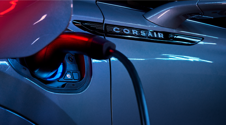 A charger plugged into the charging port of a 2025 Lincoln Corsair® Plug-in Hybrid model. | Irwin Lincoln in Freehold NJ