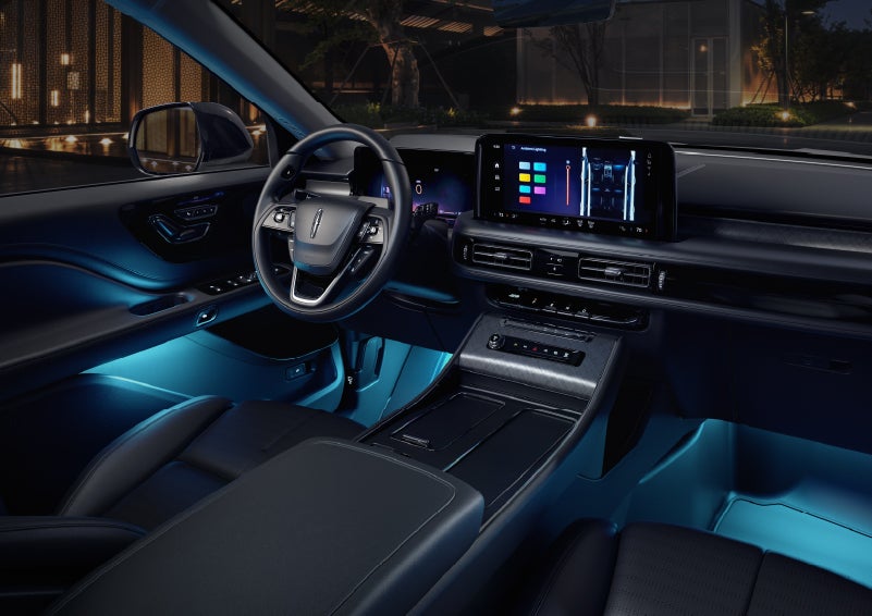 Deep blue ambient lighting glows from various places within a 2026 Lincoln Aviator® SUV. | Irwin Lincoln in Freehold NJ